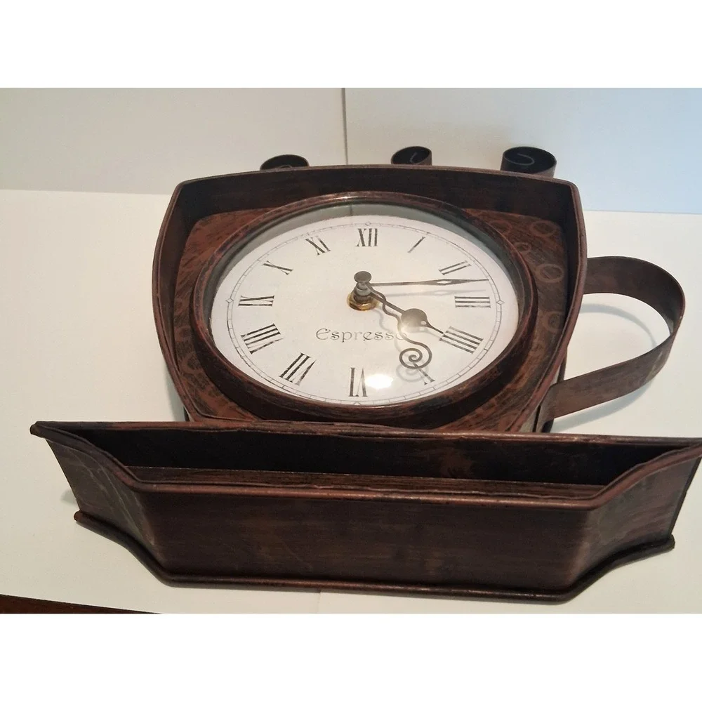 Bronze Metal Coffee Cup Wall Clock Home Decor Coffee Bar Kitchen Gift Tested EUC